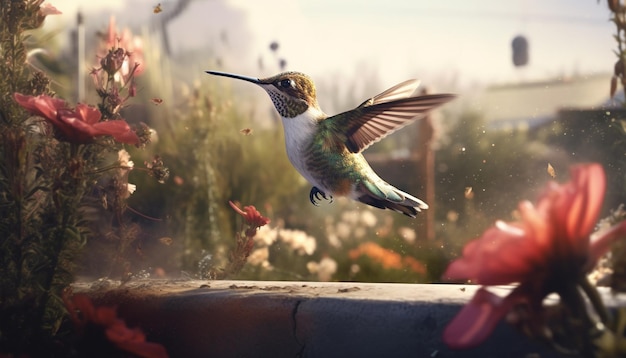 Hummingbird hovers spreads wings pollinates flower showcasing natural beauty generated by artificial intelligence