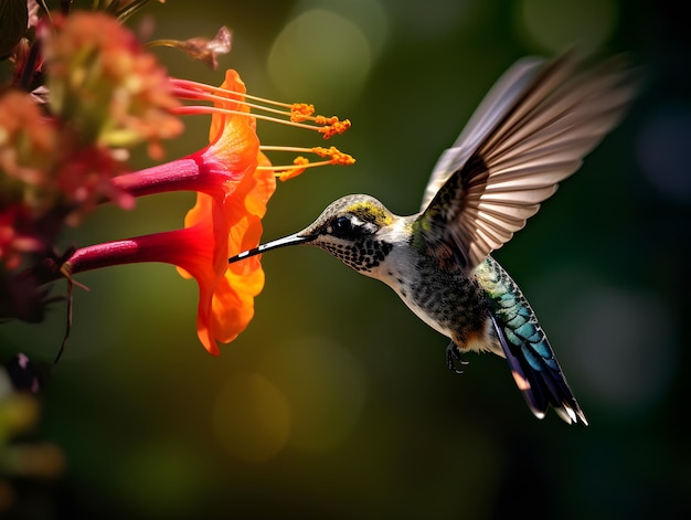 A hummingbird is about to drink from a flower.