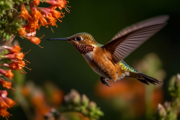 A hummingbird is about to feed on a flower.