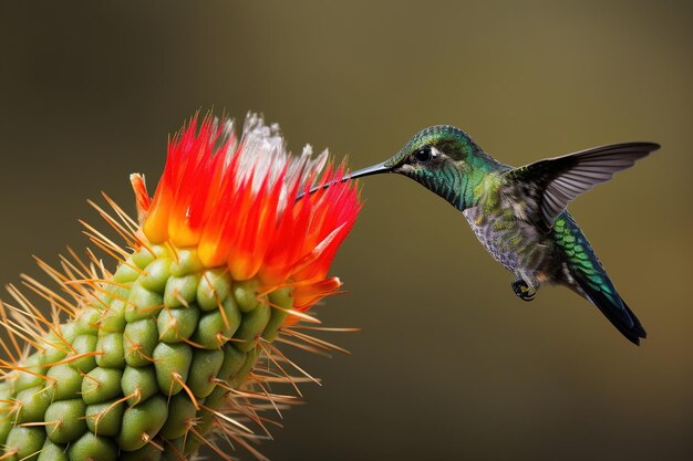 A hummingbird is feeding on a cactus.