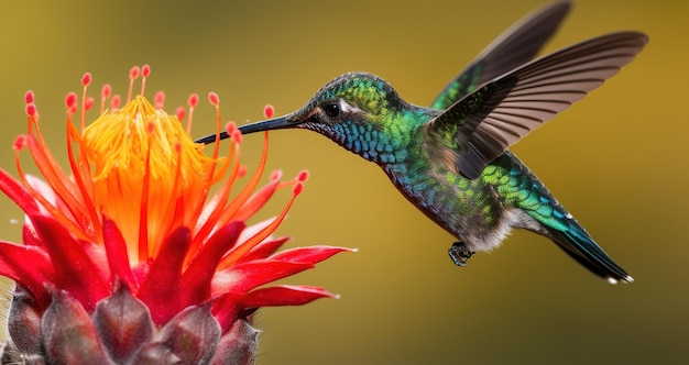 A hummingbird is feeding on a flower.