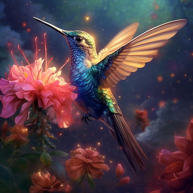 колибри летит над букетом цветов.