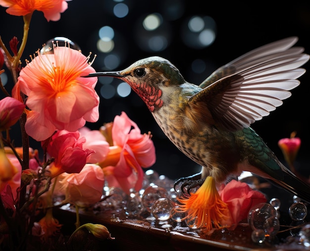 A hummingbird is flying and eating from a Fuchsia flower