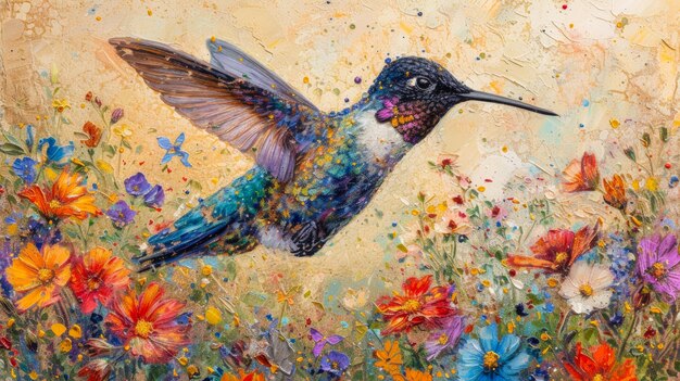 A hummingbird is flying over a field of flowers