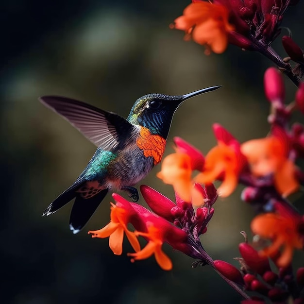 オレンジ色の花の隣をハチドリが飛んでいます。