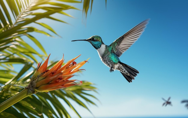 a hummingbird is flying over a flower with the sky in the background
