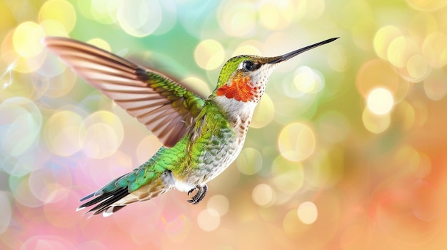 a hummingbird is flying in front of a colorful background