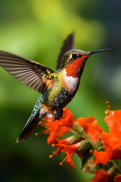 A hummingbird is flying in front of a flower