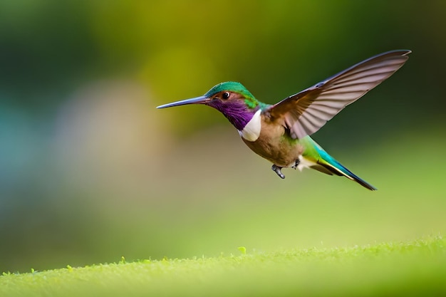 A hummingbird is flying in front of a green background.