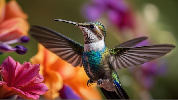 Foto un colibrì sta volando davanti ad alcuni fiori