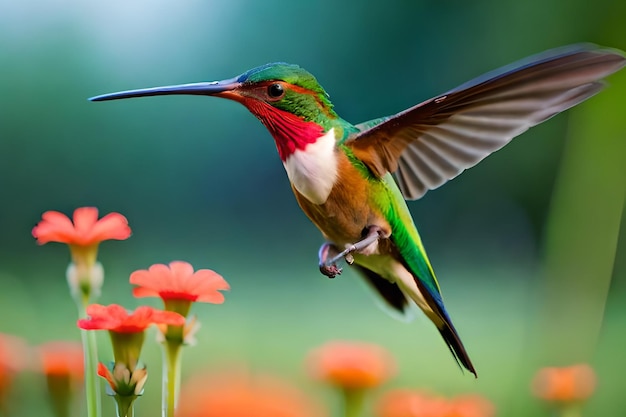 A hummingbird is flying in front of some flowers.