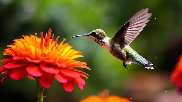 A hummingbird is flying near a flower.