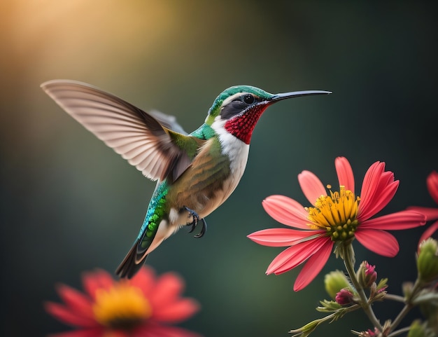 A hummingbird is flying near a flower.