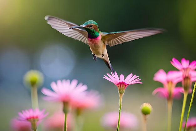 A hummingbird is flying near a pink flower.