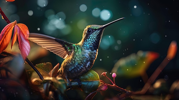 Foto un colibrì sta volando sopra una pianta con gocce d'acqua