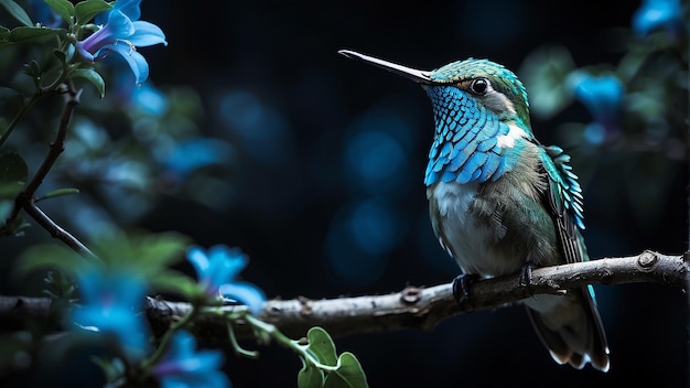 A hummingbird is perched on a branch with green leaves and white flowers in the background