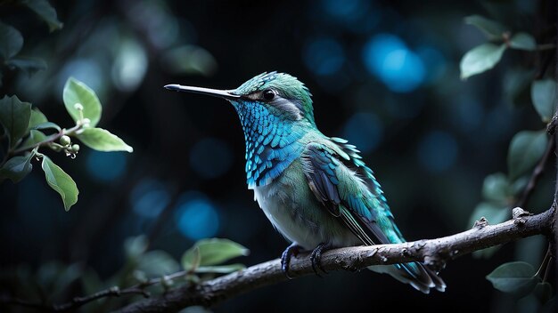 A hummingbird is perched on a branch with green leaves and white flowers in the background