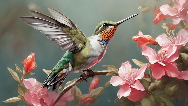 Photo a hummingbird is perched on a branch with pink flowers