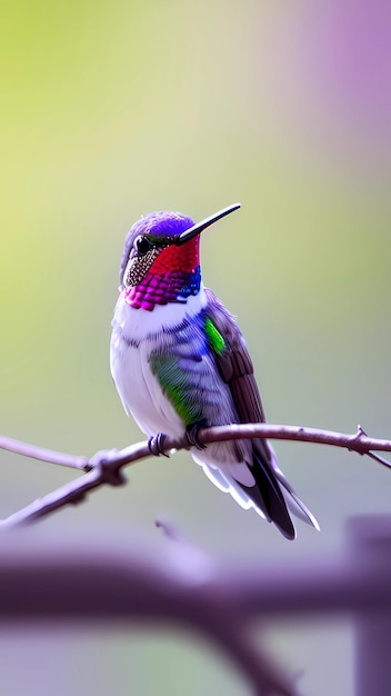 A hummingbird is perched on a branch