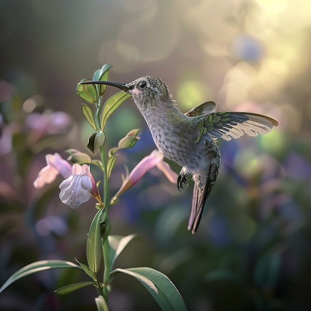 a hummingbird is perched on a flower in the sun