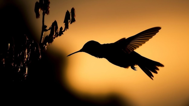 A hummingbird is silhouetted against a yellow sky.