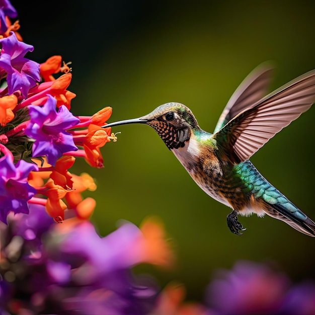 ハチドリは翼の動きとぼかしでピンク紫の花の蜜を吸っています