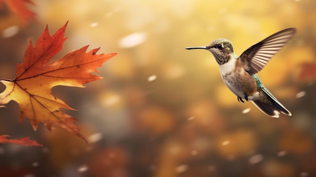 A hummingbird and a leaf fall background