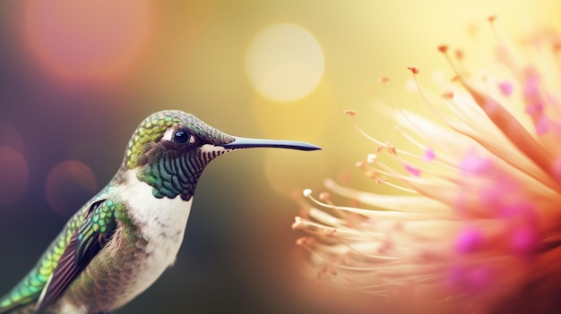 A hummingbird looking at a flower