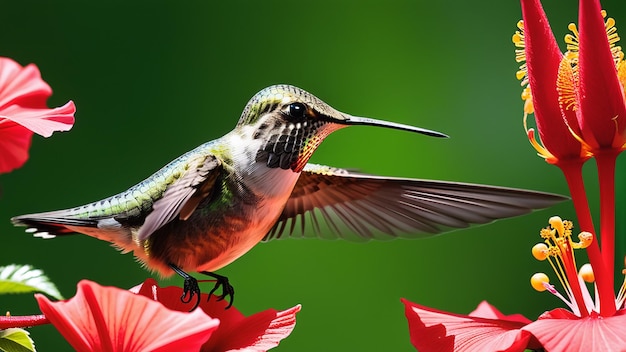Hummingbird midflight pollinating vibrant tropical flowers