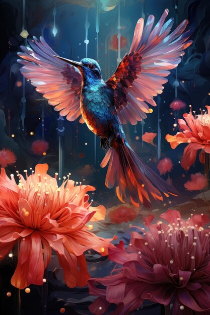 'A hummingbird near a flower in flight' Illustration Generative AI