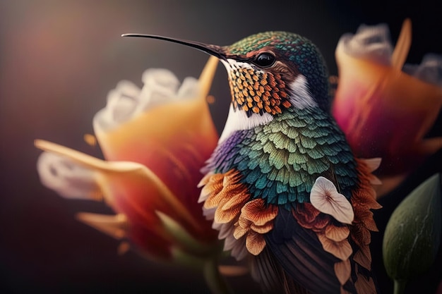 A hummingbird perched on a flower with the bird's delicate wings and vibrant plumage captured in detail Generative AI