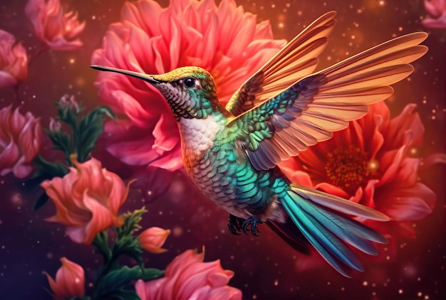 Hummingbird Sabrewing flying to beautiful flower