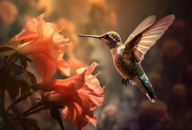 美しい花に向かって飛ぶサブリングハミングバード