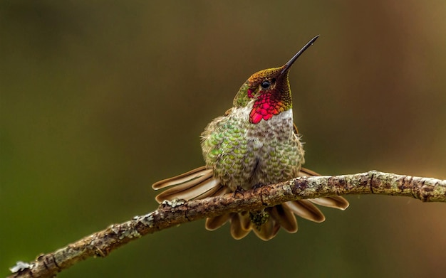 a hummingbird sits on a branch with a blurry background