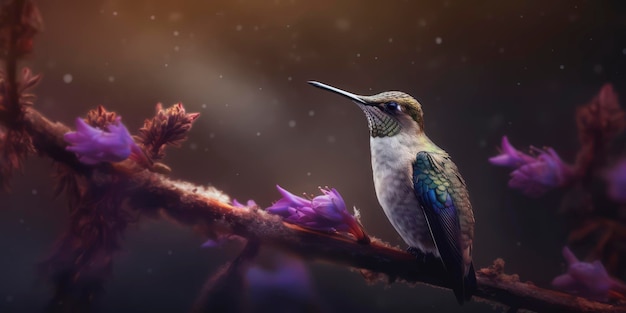 A hummingbird sits on a branch with a purple flower in the background.