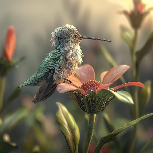 Photo a hummingbird sits on a flower in the sun