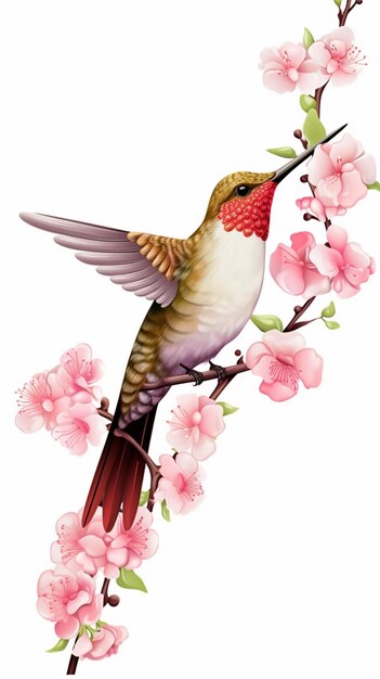 Hummingbird sitting on a branch of a cherry tree with pink flowers generative ai