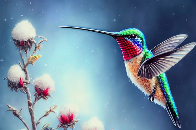 雪の中のハチドリ 冬の風景の中のかわいいハチドリ