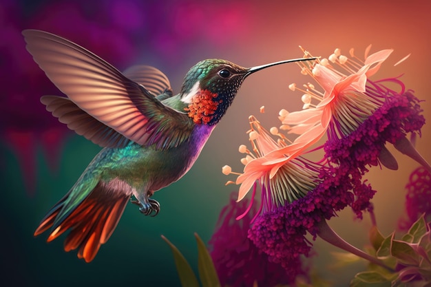 Hummingbird sucks nectar from flower in the morning Close Up