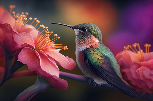 Hummingbird sucks nectar from flower in the morning Close Up