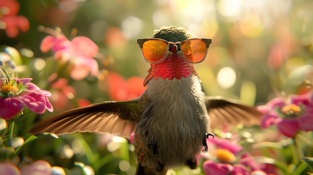 Foto un colibrì che indossa occhiali da sole sorvola davanti a uno sfondo colorato di fiori