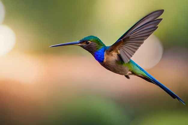 A hummingbird with blue and green bands on its head flies in the air.