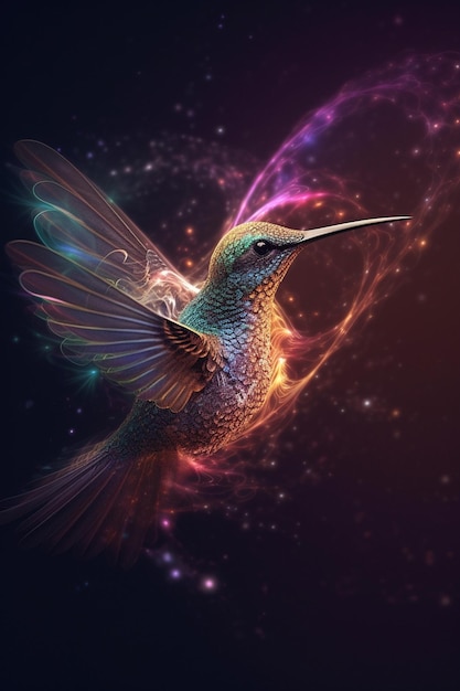 A hummingbird with a blue head and a purple head is flying in the sky.