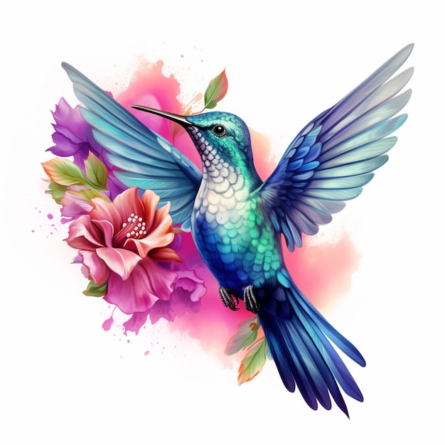 Foto colibrì con ali blu e fiori rosa su sfondo bianco ai generativa