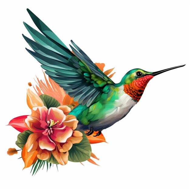 Foto colibrì con fiori e foglie colorati su uno sfondo bianco