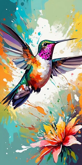 Hummingbird with flower and watercolor splashes