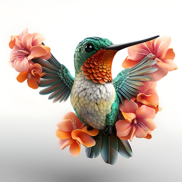 Hummingbird with flowers isolated on white background 3D illustration