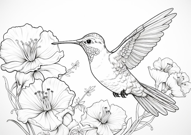 hummingbird with flowers and leaves on a white background generative ai