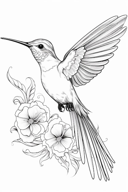 a hummingbird with flowers and leaves on a white background generative ai