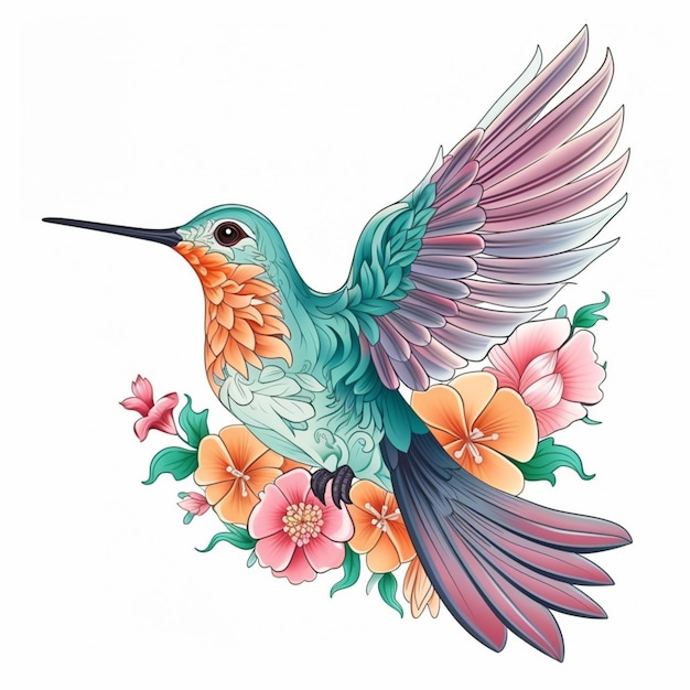 hummingbird with flowers and leaves on a white background generative ai